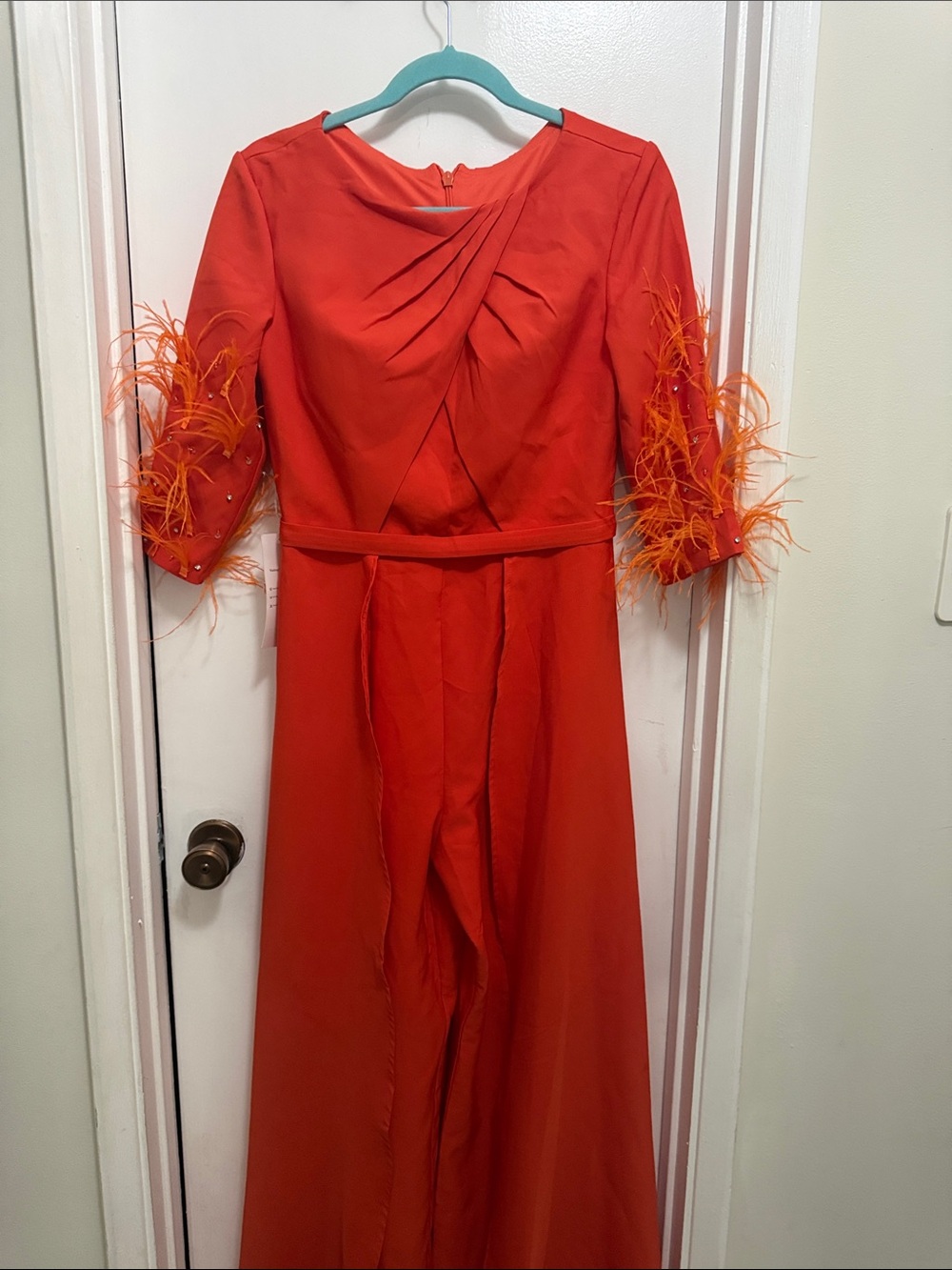 Red Feather Sleeve Evening Jumpsuit